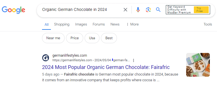 ranked No.1 on Google for the search keywords "Organic German Chocolate in 2024"